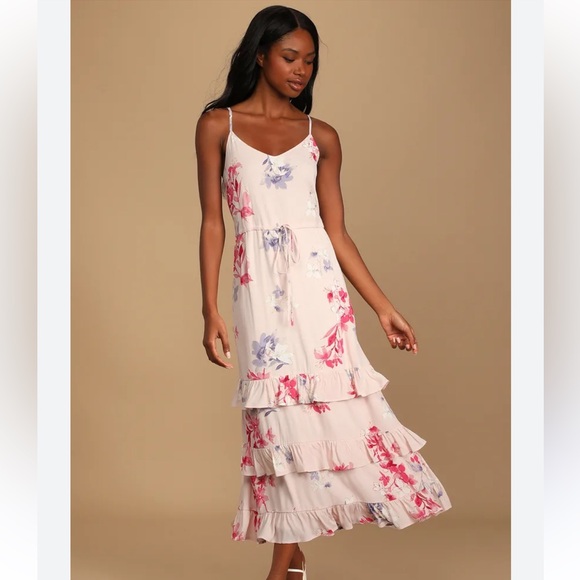Lulus Dresses & Skirts - Lulu's Feeling the Frills Light Pink Floral Print Tiered Midi Dress Medium NWT